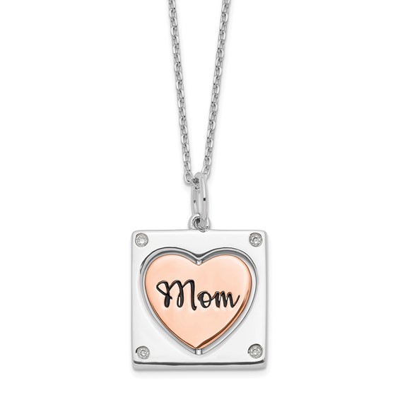 Sterling Silver RH-plated Rose-tone MOM/LOVE Heart Center Spins CZ w/2in ex  - Quality Gold