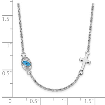 Sterling Silver RH CZ Enamel Cross w/Eye 16.5in w/2in ext Necklace — alternate view