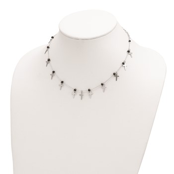 Sterling Silver Rhodium-plated Black Crystal Cross w/ 1.25in ext. Necklace — alternate view