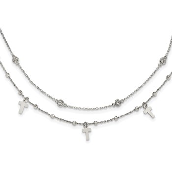 Sterling Silver Rhodium-plated Polished Cross and CZ w/ 2in ext. Necklace