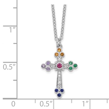 Sterling Silver Rhodium-plated Polished Multi-color CZ Cross Necklace — alternate view