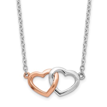 Sterling Silver Rhodium-plated Rose-tone Polished Hearts Necklace