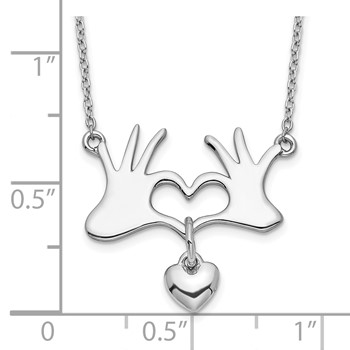 Sterling Silver Rhodium-plated Hands Heart w/Dangle Heart Necklace — alternate view