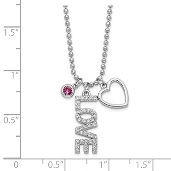 Sterling Silver Rhodium-plated CZ and Heart D/C Bead Chain Necklace — alternate view