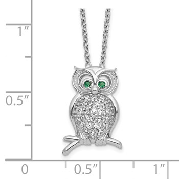Sterling Silver Polished Rhodium-plated Green/Clear CZ Owl 18in Necklace — alternate view