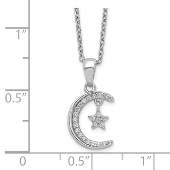 Sterling Silver Polished Rhodium-plated CZ Moon & Star 18in Necklace — alternate view