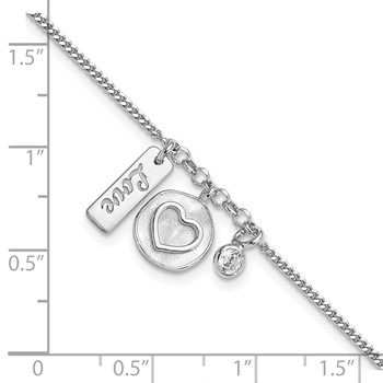 Sterling Silver Rhodium-plated Satin Heart Love CZ with .5in Ext Bracelet — alternate view