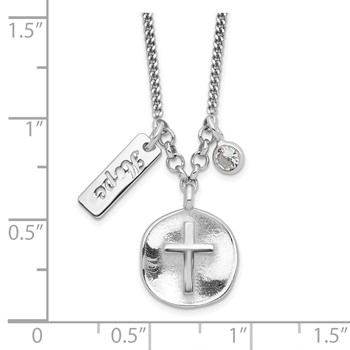 Sterling Silver Rhodium-plated Satin Cross/Hope/CZ w/1.5in Ext Necklace — alternate view