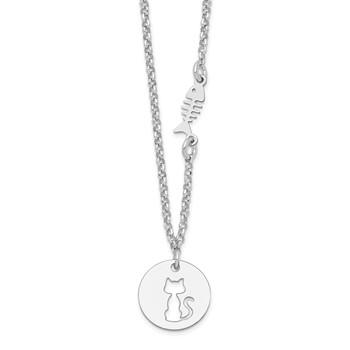 Sterling Silver Rhodium-plated Kitty and Fish w/1 in Ext Necklace
