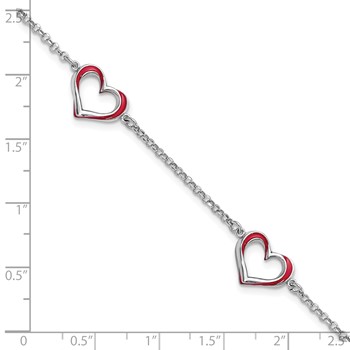 Sterling Silver Rhodium-plated Red Enamel 3-Heart w/.5 in Ext Bracelet — alternate view