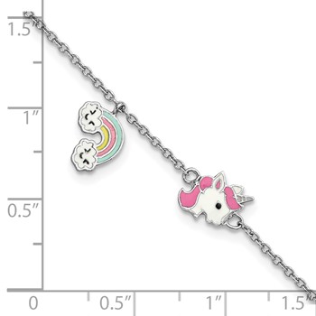 Sterling Silver Rhodium-plated Polished & Multi-color Enameled  Unicorn & Rainbow with 1 Inch Extension Children's Bracelet — alternate view