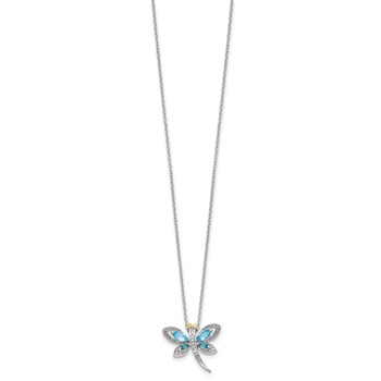 Brilliant Gemstones Sterling Silver with 14K Accent Rhodium-plated Light Blue Topaz and London Blue Topaz and Diamond Dragonfly 18 Inch Necklace with 2 Inch Extender — alternate view