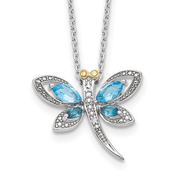 Brilliant Gemstones Sterling Silver with 14K Accent Rhodium-plated Light Blue Topaz and London Blue Topaz and Diamond Dragonfly 18 Inch Necklace with 2 Inch Extender