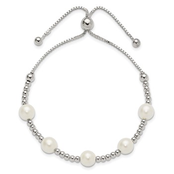 Sterling Silver Polished Beaded and Synthetic Pearl Adjustable Bracelet — alternate view