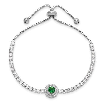 Sterling Silver Rhodium-plated CZ and Green Glass Adjustable Bracelet — alternate view