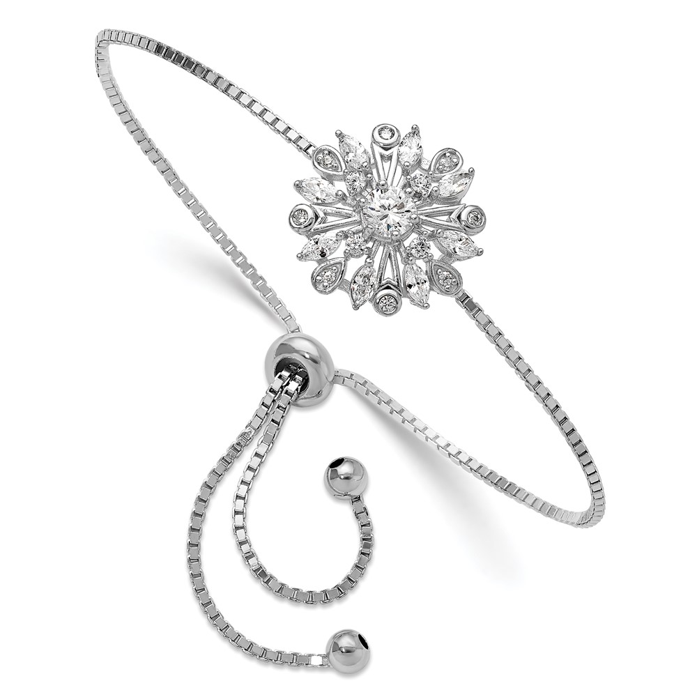 Sterling Silver Rhodium-plated Floral CZ Adjustable Bolo Bracelet