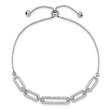 Sterling Silver Rhod-plated Paperclip Link CZ Adjustable Bracelet — alternate view
