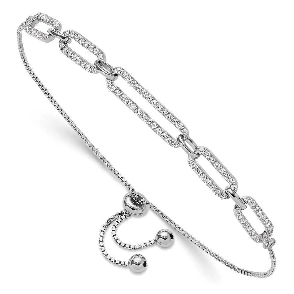 Sterling Silver Rhod-plated Paperclip Link CZ Adjustable Bracelet