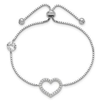 Sterling Silver Rhodium-plated Polished CZ Open Heart Adjustable Bracelet — alternate view