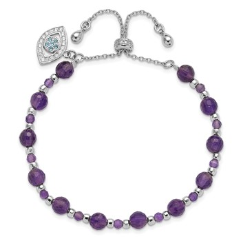 SS Rh-plated Amethyst and CZ and Blue Glass Adjustable Bracelet — alternate view