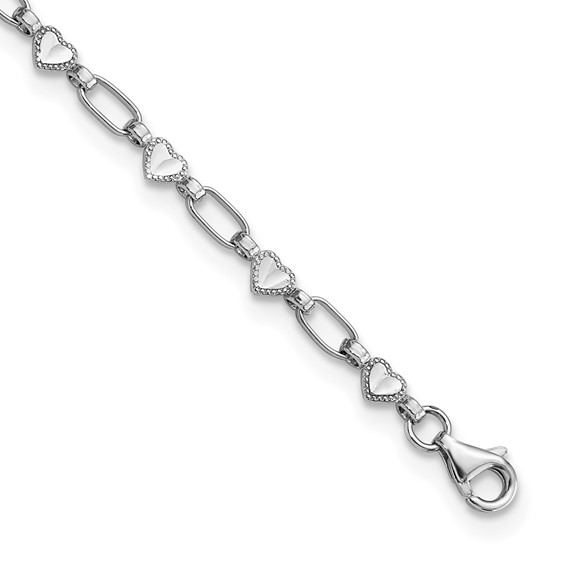 Sterling Silver Rhodium-plated Heart Link 10in Anklet - Quality Gold