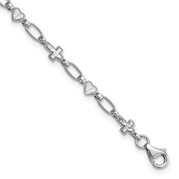 Sterling Silver Rhodium-plated 7.5 inch Heart and Cross Bracelet