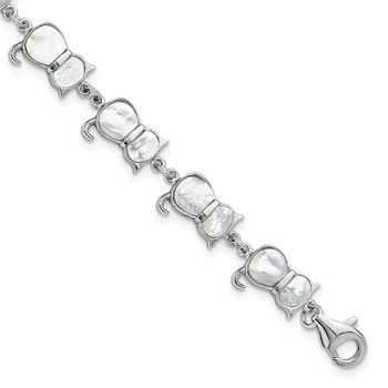 Sterling Silver Rhodium-plated Mother of Pearl Cat Link Bracelet
