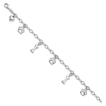 Sterling Silver Rhodium-plated Dog Bone Paw Heart Charm 7.5in Bracelet — alternate view
