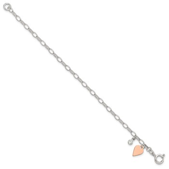 Sterling Silver Rose Gold-plated Polished w/Heart and CZ Link Bracelet — alternate view