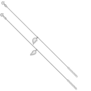 Sterling Silver Rhod-plated CZ Half Heart 7.25in w/1 in ext 2 Bracelet Set — alternate view