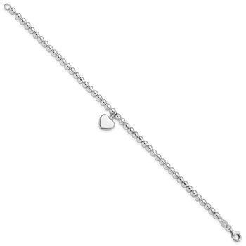Sterling Silver Rhodium-plated 4mm Beaded Dangle Heart 7.5in Bracelet — alternate view