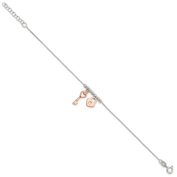 Sterling Silver w/Rose-tone Lock and Key Beaded 7in w/1in ext. Bracelet — alternate view