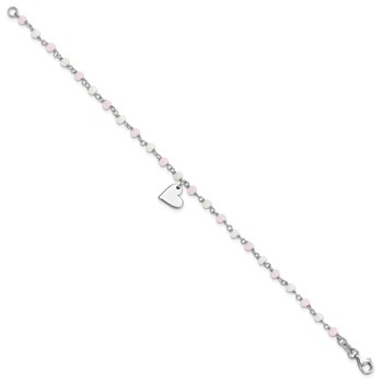 Sterling Silver Rhod-plated Heart Pink/White Glass Beads 7.5in Bracelet — alternate view