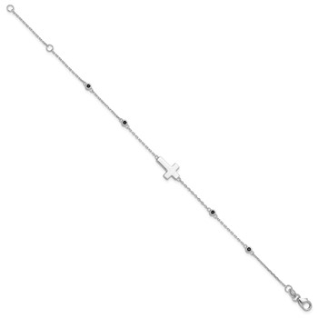 Sterling Silver Rhodium-plated Cross Black Spinel 7in w/1in ext. Bracelet — alternate view