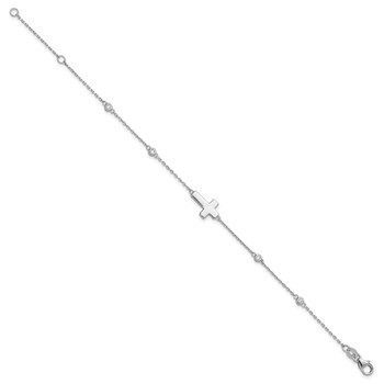 Sterling Silver Rhodium-plated CZ Sideways Cross 7in w/1in ext. Bracelet — alternate view