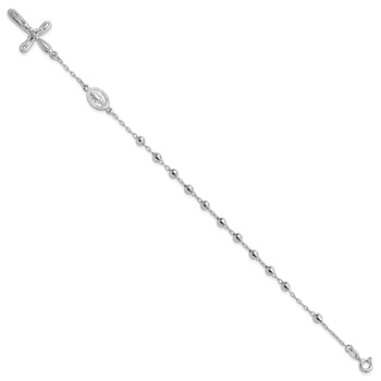 Sterling Silver Rhodium-plated Dangle Cross Beaded Rosary 7.5in Bracelet — alternate view
