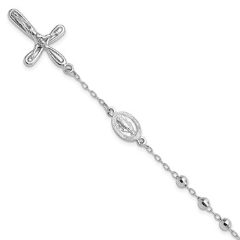 Sterling Silver Rhodium-plated Dangle Cross Beaded Rosary 7.5in Bracelet