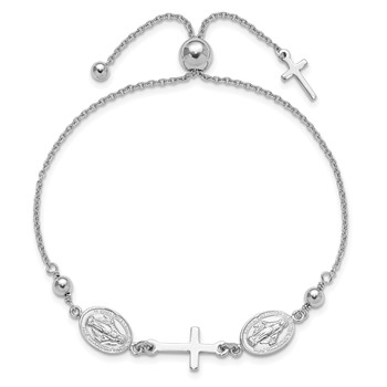 Sterling Silver Rhod-plated Cross with Medals Adjustable Bracelet — alternate view