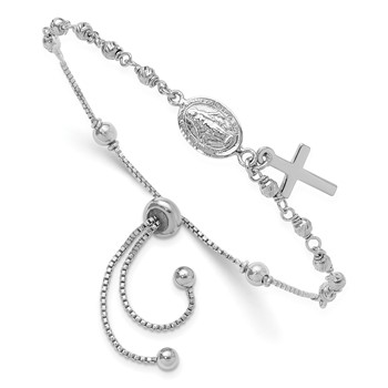 Sterling Silver Rh-plated Cross Dangle Rosary Adjustable Bracelet
