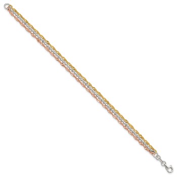 Sterling Silver Gold-tone and Rose Tone 3 Strand 7.5in Bracelet — alternate view
