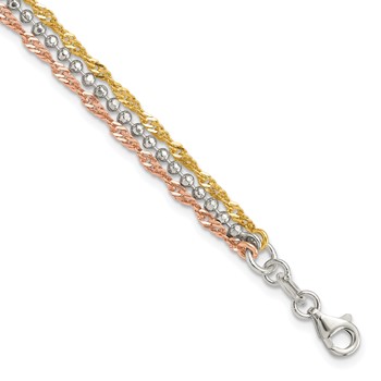 Sterling Silver Gold-tone and Rose Tone 3 Strand 7.5in Bracelet