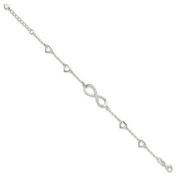 Sterling Silver Rhodium-plated CZ Infinity/Hearts 7in w/1in ext Bracelet — alternate view