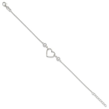 Sterling Silver Rhodium-plated Polished CZ Heart with 1in ext Bracelet — alternate view