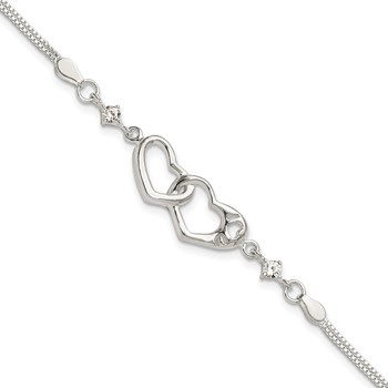 Sterling Silver Rhodium-plated Polished CZ I Heart You w/1in ext Bracelet