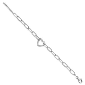 Sterling Silver Rhodium-plated Paperclip CZ Heart with 1in ext. Bracelet — alternate view