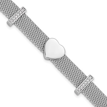Sterling Silver Rhodium-plated Mesh CZ Heart 6.75in Bracelet