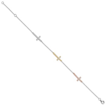 Sterling Silver Rhod-plated Gold/Rose-tone CZ Cross w/1in ext. Bracelet — alternate view
