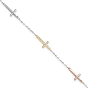 Sterling Silver Rhod-plated Gold/Rose-tone CZ Cross w/1in ext. Bracelet