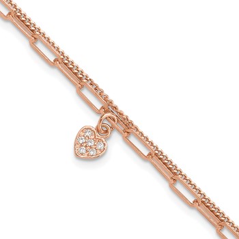Sterling Silver Rose Gold-plated CZ Heart 6.75in w/1in ext. Bracelet