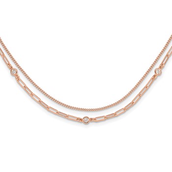 Sterling Silver Rose Gold-plated CZ 2 Strand 17in w/2in ext. Necklace